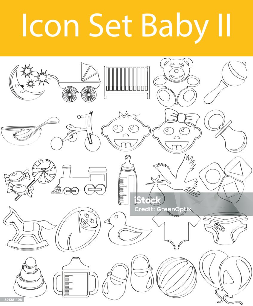 Drawn Doodle Lined Icon Set Baby II Drawn Doodle Lined Icon Set Baby II with 25 icons for the creative use in graphic design Baby - Human Age stock vector