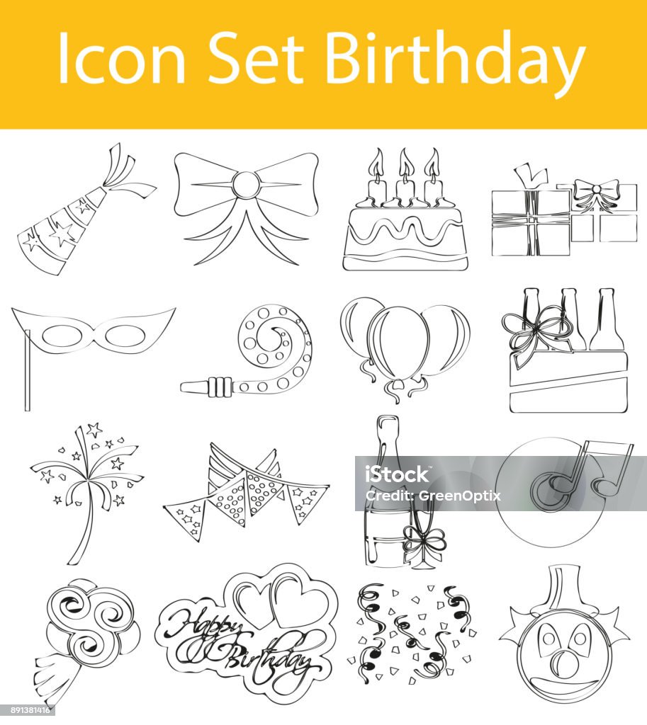 Drawn Doodle Lined Icon Set Birthday Drawn Doodle Lined Icon Set Birthday with 16 icons for the creative use in graphic design Balloon stock vector