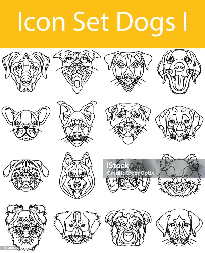 Drawn Doodle Lined Icon Set Dogs I Drawn Doodle Lined Icon Set Dogs I with 16 icons for the creative use in graphic design Dog stock vector