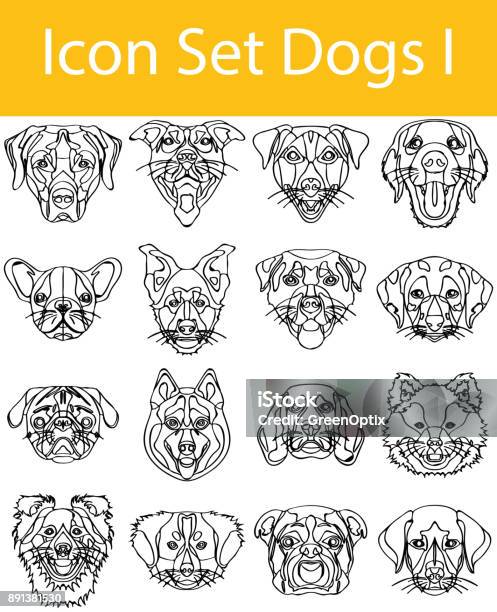 Drawn Doodle Lined Icon Set Dogs I Stock Illustration - Download Image Now - Dog, Rottweiler, Line Art