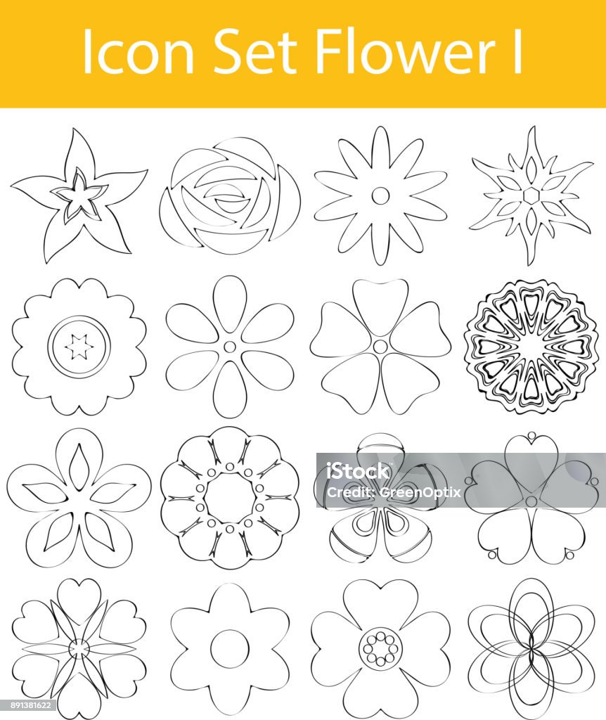 Drawn Doodle Lined Icon Set Flower I Drawn Doodle Lined Icon Set Flowers I with 16 icons for the creative use in graphic design Abstract stock vector