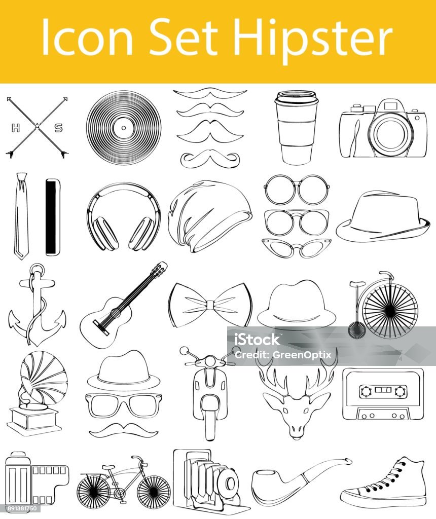 Drawn Doodle Lined Icon Set Hipster Drawn Doodle Lined Icon Set Hipster with 33 icons for the creative use in graphic design Adult stock vector