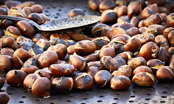 malvaviscos castañas - chestnut roasted heat roasted chestnut fotografías e imágenes de stock