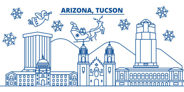 USA, Arizona, Tucson winter city skyline. Merry Christmas and Happy New Year decorated banner. Winter greeting card with snow and Santa Claus. Flat, line vector. Linear christmas illustration USA, Arizona, Tucson  winter city skyline. Merry Christmas and Happy New Year decorated banner. Winter greeting card with snow and Santa Claus. Flat, line vector, linear christmas illustration tucson christmas stock illustrations