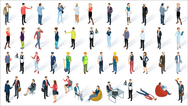 Isometric 3d flat design vector people Isometric 3d flat design vector people set. Different characters, styles and professions, full length diverse acting poses collection. Varios poses, sitting, standing, handshaking. isometric projection stock illustrations