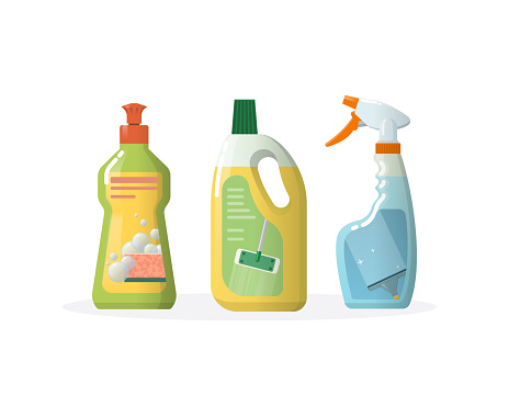 Set household, cleaning products for windows, floors, in plastic bottles