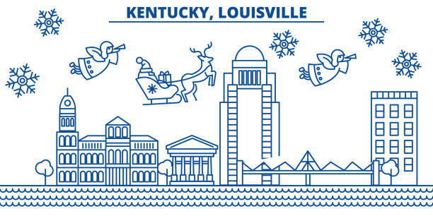 USA, Kentucky , Louisville winter city skyline. Merry Christmas and Happy New Year decorated banner. Winter greeting card with snow and Santa Claus. Flat, line vector. Linear christmas illustration USA, Kentucky , Louisville  winter city skyline. Merry Christmas and Happy New Year decorated banner. Winter greeting card with snow and Santa Claus. Flat, line vector, linear christmas illustration louisville city icons stock illustrations