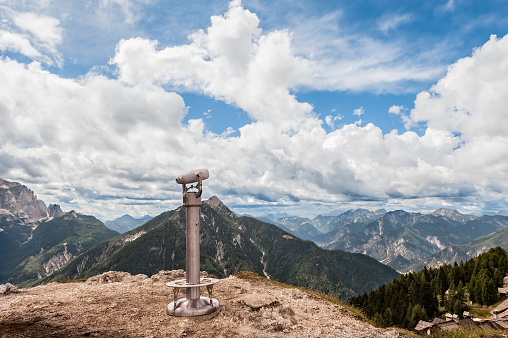 Binoculars on the background of the beautiful Mountain view. Italian Alps
