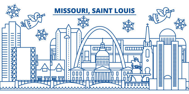 USA, Missouri, Saint Louis winter city skyline. Merry Christmas and Happy New Year decorated banner. Winter greeting card with snow and Santa Claus. Flat, line vector. Linear christmas illustration USA, Missouri, Saint Louis  winter city skyline. Merry Christmas and Happy New Year decorated banner. Winter greeting card with snow and Santa Claus. Flat, line vector, linear christmas illustration st louis skyline stock illustrations