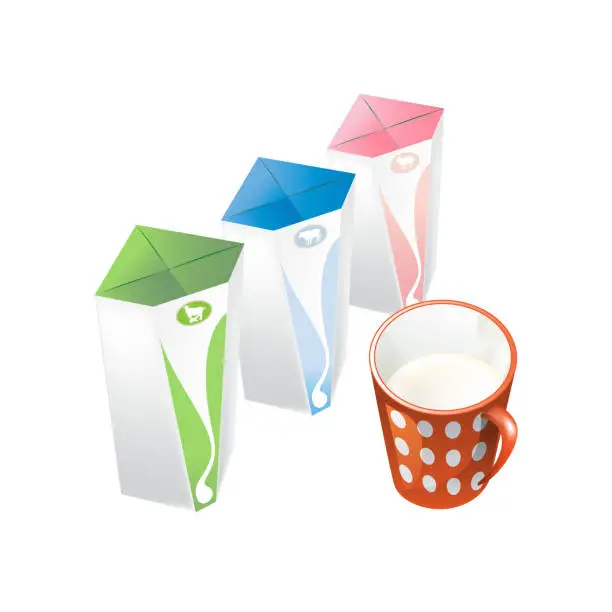 Vector illustration of Juice and milk blank white realistic colorful boxes. Mock-up packages