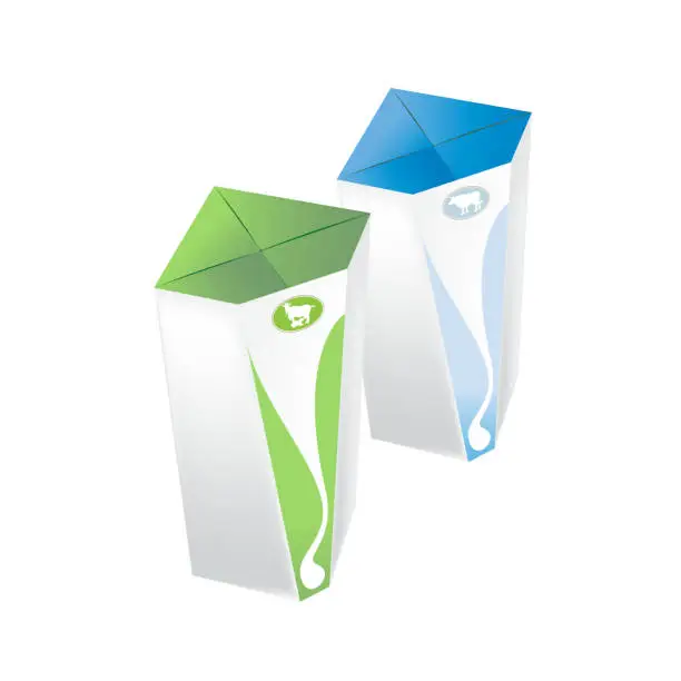 Vector illustration of Juice and milk blank white realistic colorful boxes. Mock-up packages