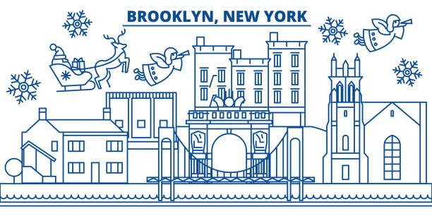 미국, 뉴욕, 브루클린 겨울 스카이라인 기쁜 성 탄과 새 해 복 많이 받으세요 배너 장식. 눈과 산타 클로스와 함께 겨울 인사말 카드입니다. 평면, 선 벡터입니다. 선형 크리스마스 일러스트 - new york city agency stock illustrations