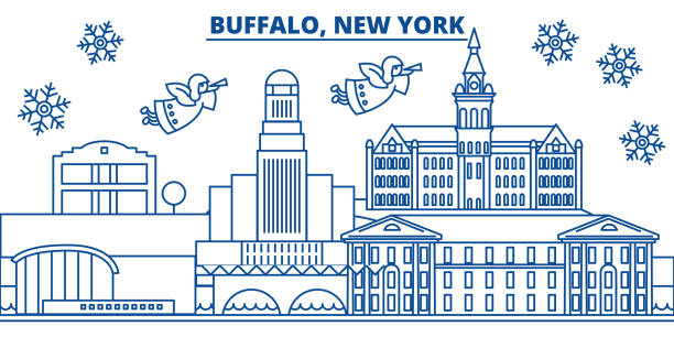 미국, 뉴욕, 버팔로 겨울 도시의 스카이 라인. 기쁜 성 탄과 새 해 복 많이 받으세요 배너 장식. 눈과 산타 클로스와 함께 겨울 인사말 카드입니다. 평면, 선 벡터입니다. 선형 크리스마스 일러스트 - new york city agency stock illustrations