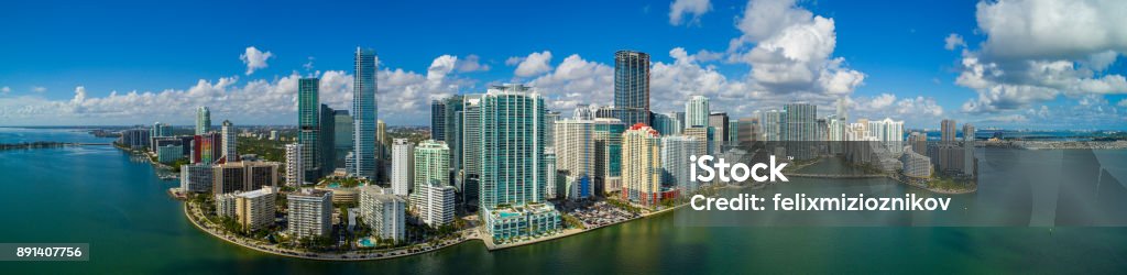 Aerial panorama Brickell Miami FL bayfront image Aerial panorama of Brickell Miami Downtown for large scale prints Miami Stock Photo