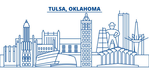 usa, oklahoma, tulsa winter skyline der stadt. frohe weihnachten und happy new year dekoriert banner. winter-grußkarte mit schnee und santa claus. flach, linie vektor. lineare abbildung von weihnachten - tulsa stock-grafiken, -clipart, -cartoons und -symbole