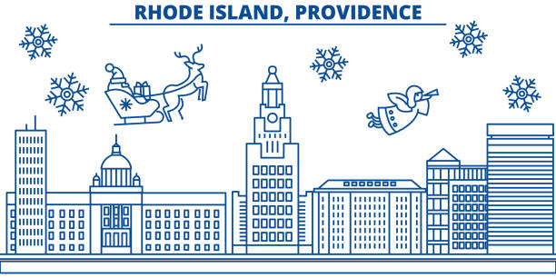 USA, Rhode Island , Providence winter city skyline. Merry Christmas and Happy New Year decorated banner.Winter greeting card with snow and Santa Claus.Flat, line vector. Linear christmas illustration USA, Rhode Island , Providence winter city skyline. Merry Christmas and Happy New Year decorated banner. Winter greeting card with snow and Santa Claus. Flat, line vector, linear christmas illustration providence house stock illustrations