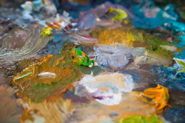油絵色混合パレット - artists canvas palette paintbrush oil painting ストックフォトと画像