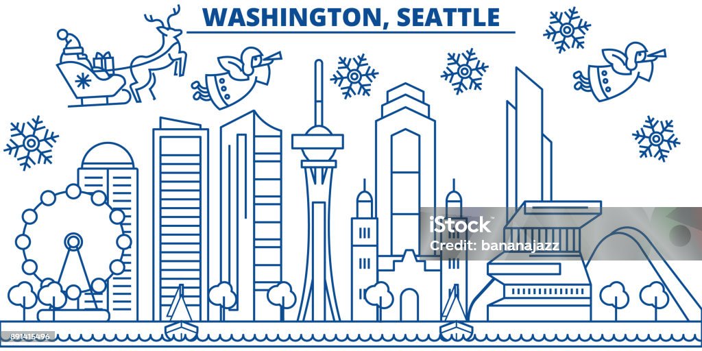 USA, Washington , Seattle winter city skyline. Merry Christmas and Happy New Year decorated banner. Winter greeting card with snow and Santa Claus. Flat, line vector. Linear christmas illustration USA, Washington , Seattle  winter city skyline. Merry Christmas and Happy New Year decorated banner. Winter greeting card with snow and Santa Claus. Flat, line vector, linear christmas illustration Seattle stock vector