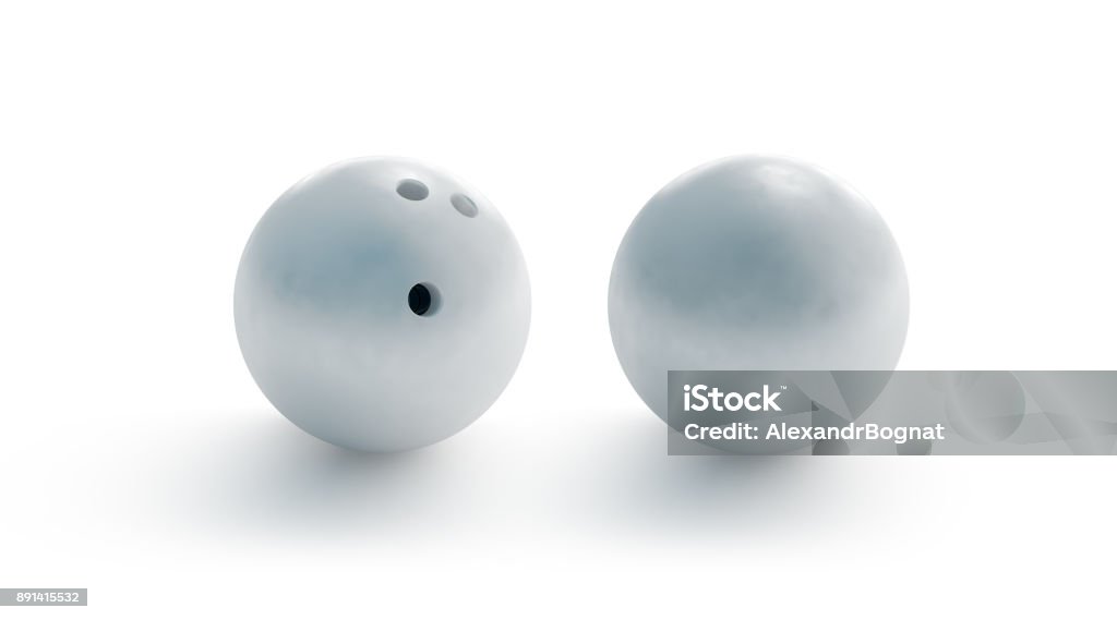 Blank white bowling ball mockup, front and back side view Blank white bowling ball mockup, front and back side view, 3d rendering. Empty bowl game sphere mock up, isolated. Clear leisure sport equipment design template. Plain shiny orb with 3 holes Bowling Ball Stock Photo