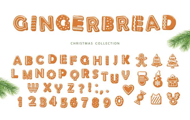 Vector illustration of Chirstmas big set. Gingerbread font and cookies collection isolated on white.