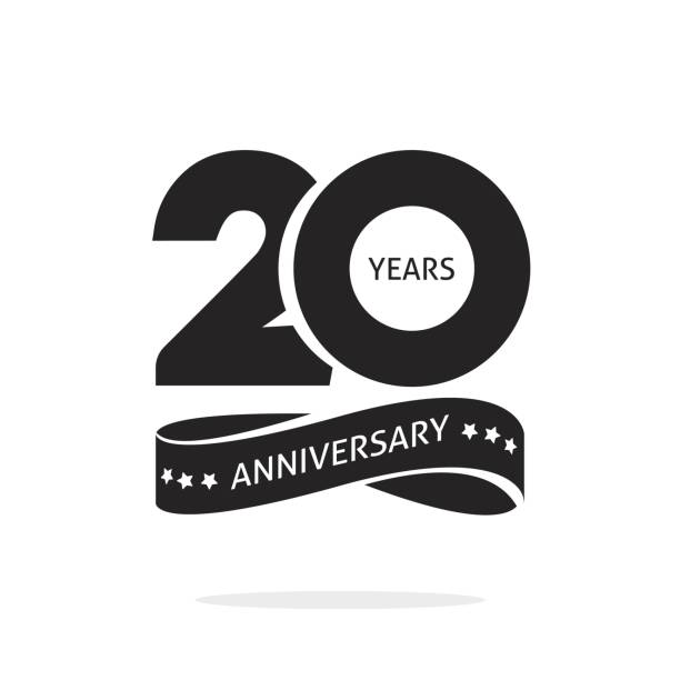 ilustrações de stock, clip art, desenhos animados e ícones de 20 years anniversary logo template isolated, black and white stamp 20th anniversary icon label with ribbon, twenty year birthday seal symbol - years