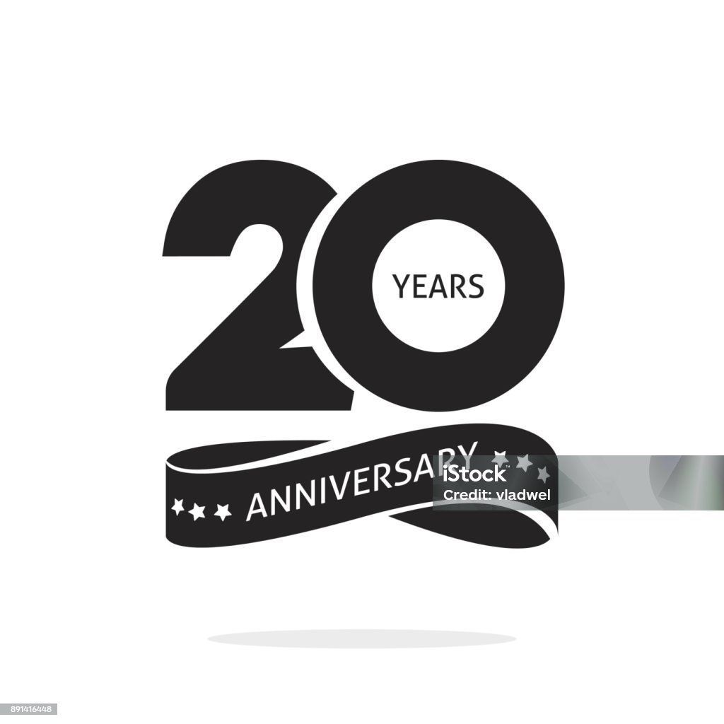20 years anniversary logo template isolated, black and white stamp 20th anniversary icon label with ribbon, twenty year birthday seal symbol 20 years anniversary logo template isolated on white, black and white stamp 20th anniversary icon label with ribbon, twenty year birthday seal symbol 20th Anniversary stock vector