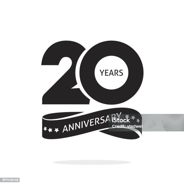 20 Years Anniversary Logo Template Isolated Black And White Stamp 20th Anniversary Icon Label With Ribbon Twenty Year Birthday Seal Symbol Stock Illustration - Download Image Now