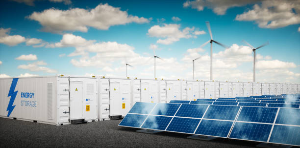 concept de conteneur système de stockage d’énergie li-ion. centrales d’énergie renouvelables - photovoltaïque, éolienne turbine ferme et batterie container. rendu 3d. - solar grid photos et images de collection