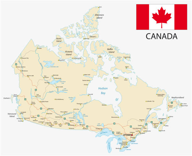 canada road vector map with flag canada road vector map with flag. island of montreal stock illustrations