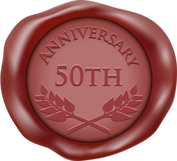 Fiftieth Anniversary Wax Seal Icon Fiftieth anniversary red wax seal icon with a laurel wreath. fiftieth stock illustrations