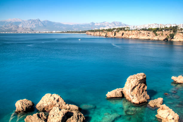The emerald blue green waters at the shore of Antalya in Turkey