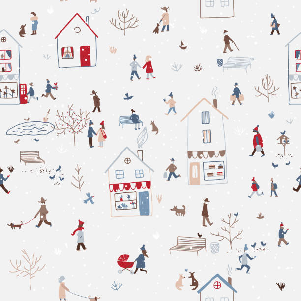 ilustrações, clipart, desenhos animados e ícones de padrão sem emenda de inverno com pessoas andando na cidade - bird feeder illustrations