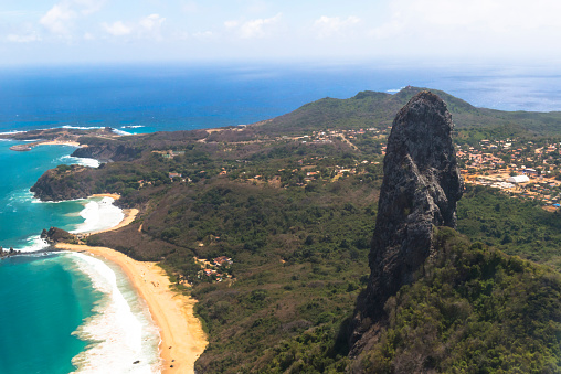 Aerial view of the archipelago with the 'Morro do Pico', along with the beaches 'Praia da Conceição', 'Praia do Meio' and the 'Praia do Cachorro' in Fernando de Noronha - Brazil