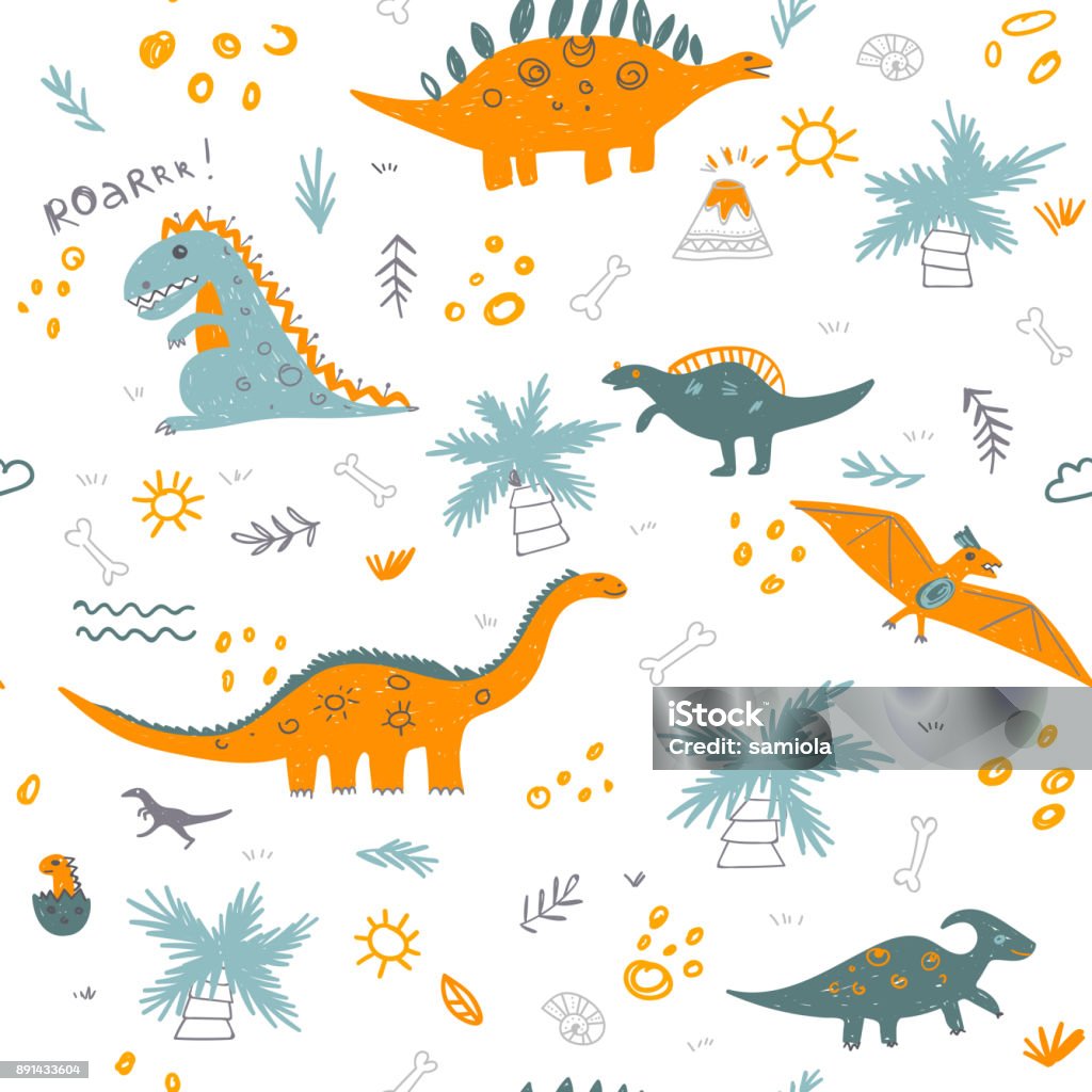 Ilustración de Sin Fisuras Patrón Infantil Vector Con Coloridos Dinosaurios  y más Vectores Libres de Derechos de Dinosaurio - iStock