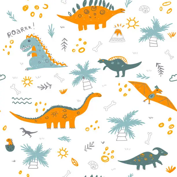 Vector illustration of Vector seamless childish pattern with colorful dinosaurs