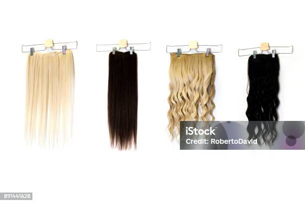 Colored Hair Extensions On Clips In Salon Stock Photo - Download Image Now - Wig, Blond Hair, Hair Extension