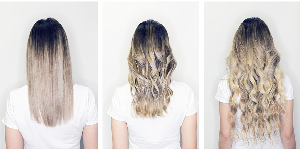 Extensión del pelo en la cabeza de la mujer antes y después de photo
