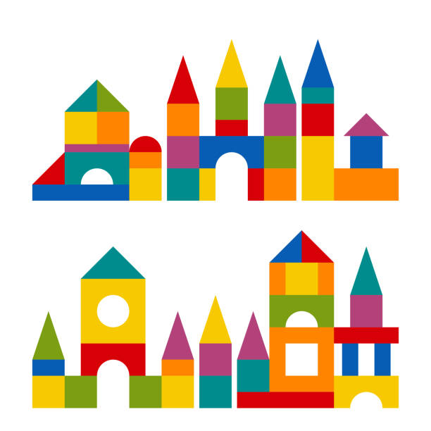 kolorowe bloki wieża budynku ków, zamek, dom - wood toy block tower stock illustrations