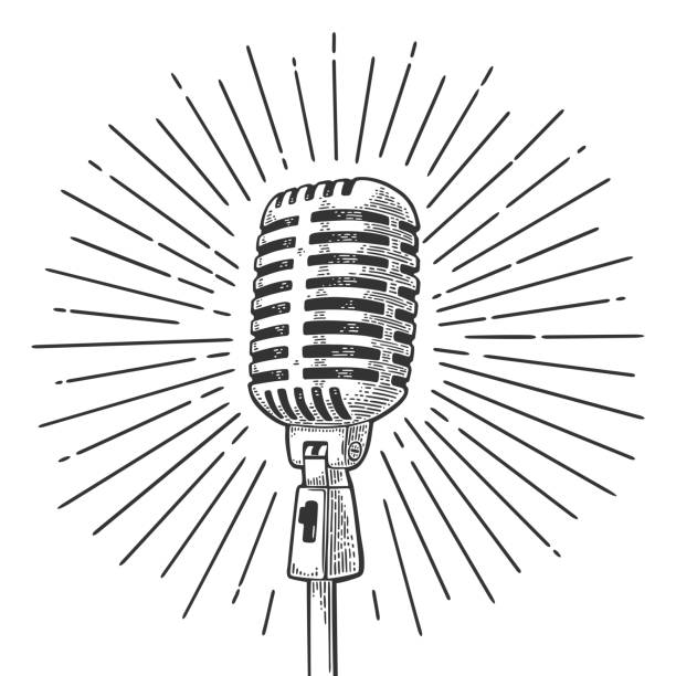 Microphone with ray. Vintage vector black engraving illustration Microphone with ray. Vintage vector black engraving illustration for poster, web. Isolated on white background. microphone drawings stock illustrations