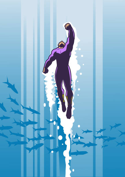 Vector Aquatic Superhero Swims Up A vector comic book style illustration of an aquatic superhero swims fast in the water with fish formation in the background. aquatic organism stock illustrations