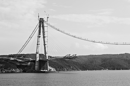 Construction of Yavuz Sultan Selim Bridge in Istanbul, Turkey. Bosphorus, Marmara sea.