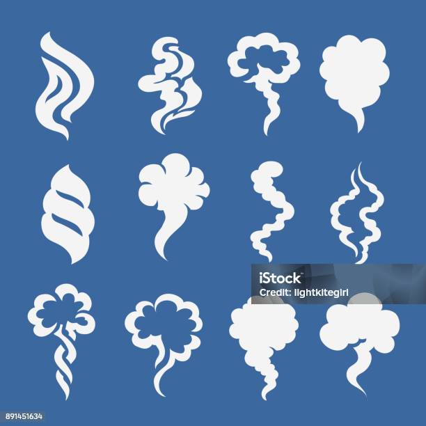 Cartoon Van Rook En Stof Pictogrammen Geur Wolken Komische Vectorillustratie Stockvectorkunst en meer beelden van Rook