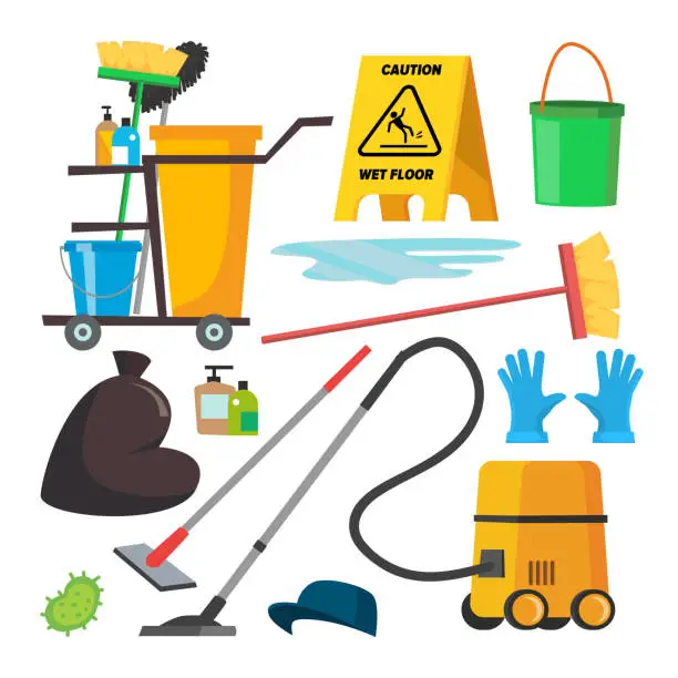 Vector illustration of Cleaning Supplies Vector. Professional Commercial Cleaning Equipment Set. Cart, Vacuum Cleaner. Isolated Flat Illustration