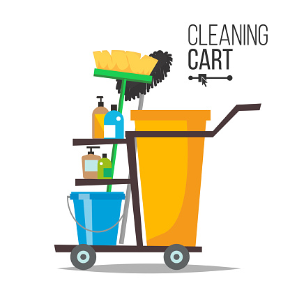 Cleaning Cart Vector. Classic Trolley Cleaning Service Cart. Broom, Bucket, Detergents, Cleaning Tools, Supplies. Yellow Plastic Janitor Cart With Shelves Illustration