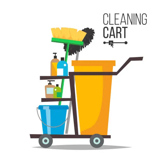 Vector illustration of Cleaning Cart Vector. Classic Trolley Cleaning Service Cart. Broom, Bucket, Detergents, Cleaning Tools, Supplies. Yellow Plastic Janitor Cart With Shelves Isolated Illustration