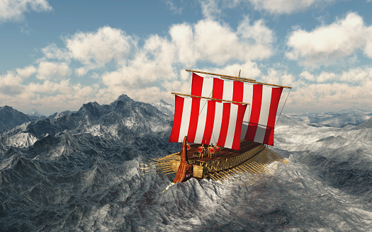 Computer generated 3D illustration with Odysseus and his companions in the stormy sea