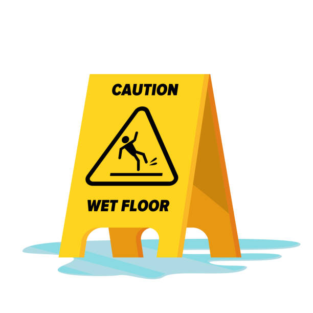 illustrazioni stock, clip art, cartoni animati e icone di tendenza di vettore pavimento bagnato. classico giallo cautela avviso wet floor sign. illustrazione piatta isolata - floor wet slippery danger