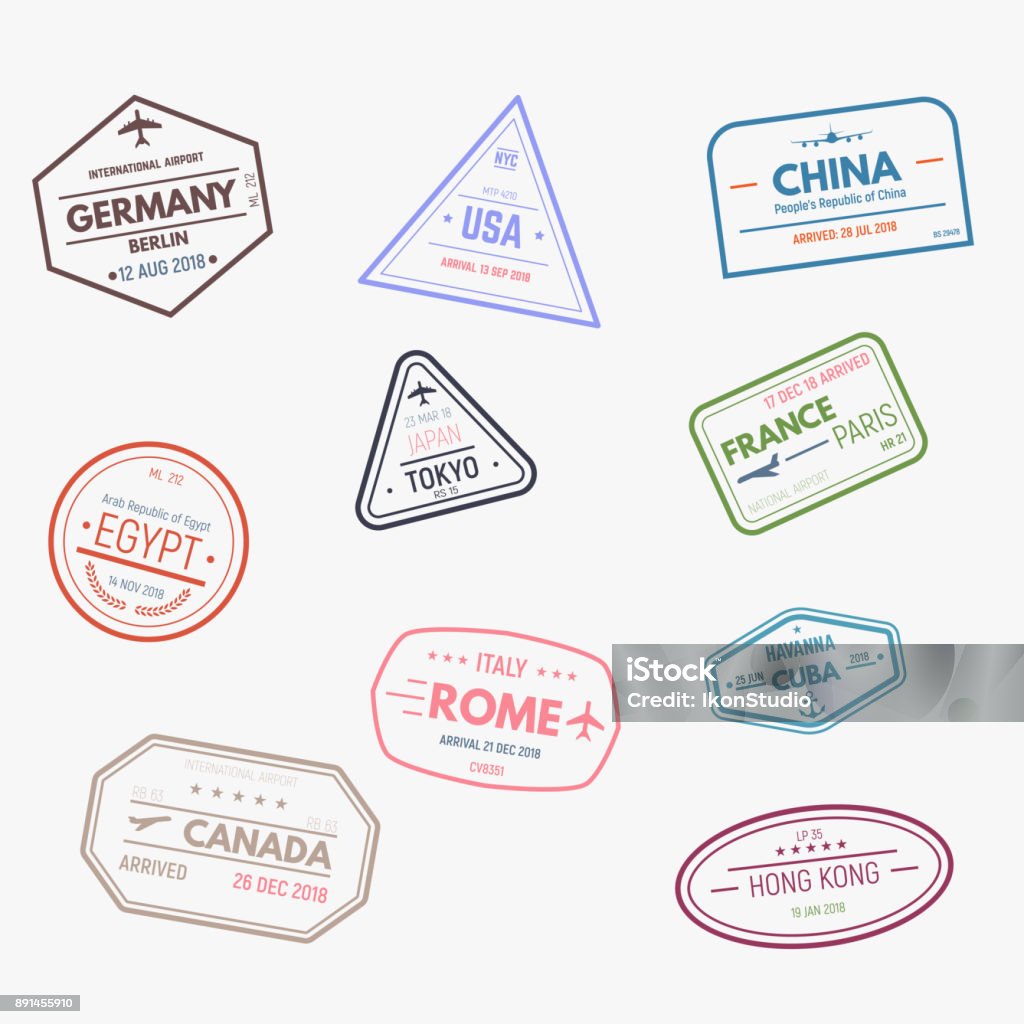 Rubber visa stamps Passport visa rubber stamps. Set of travel arrival tourism stamps. Rubber Stamp stock vector