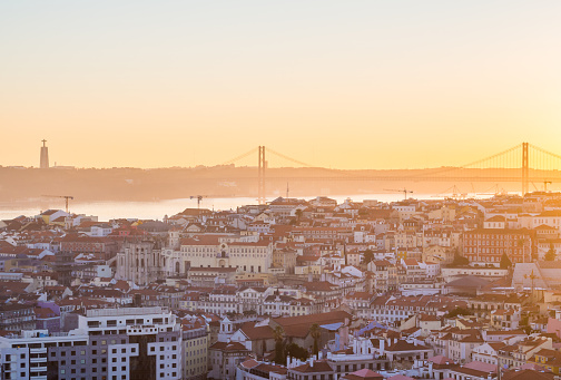 Lisbon, Portugal - November 19, 2017: Cityscape of Lisbon, Portugal, at sunset on a November day, as seen from Belvedere of Our Lady of the Hill viewpoint.