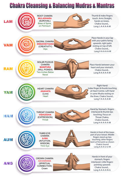 Chakras Mudras & Mantras A table of meanings, colors, symbols, signs and gestures for chakras, mudras and mantras. chakra stock illustrations